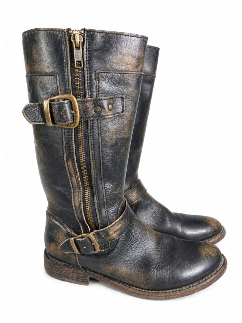Bed Stu GoGo Lug Boots Double Zipper Black Distressed Leather Women's Size 8.5